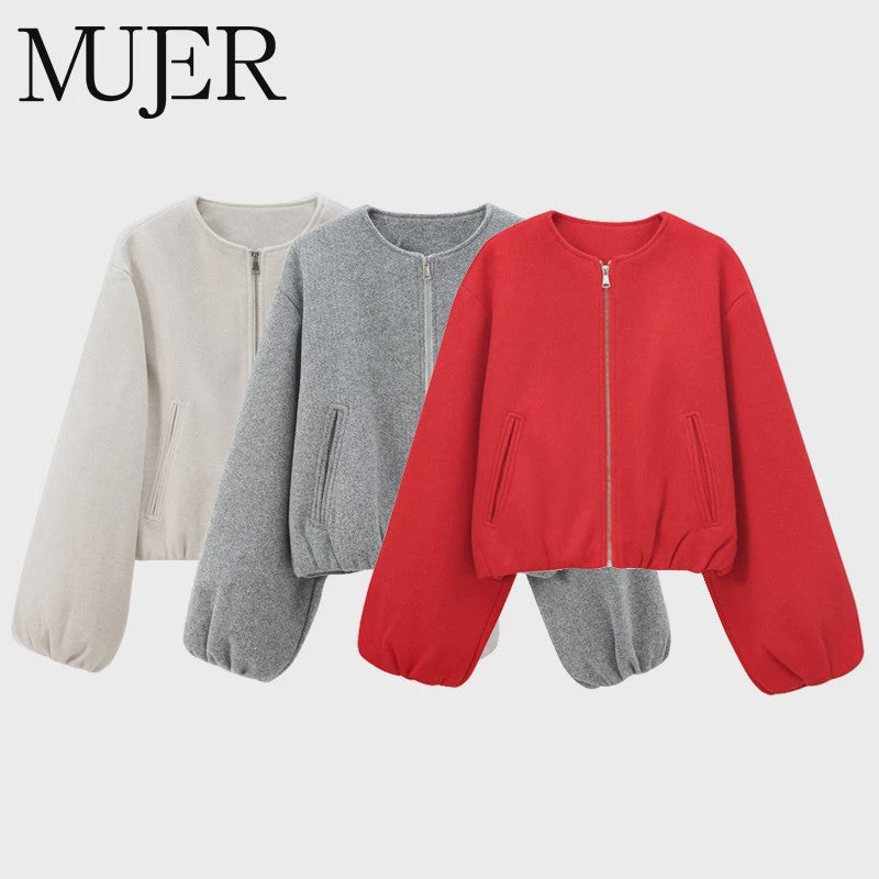 Dames Cropped Bomberjack met Rits - Zachte Stijlvolle Jas met Lange Mouwen