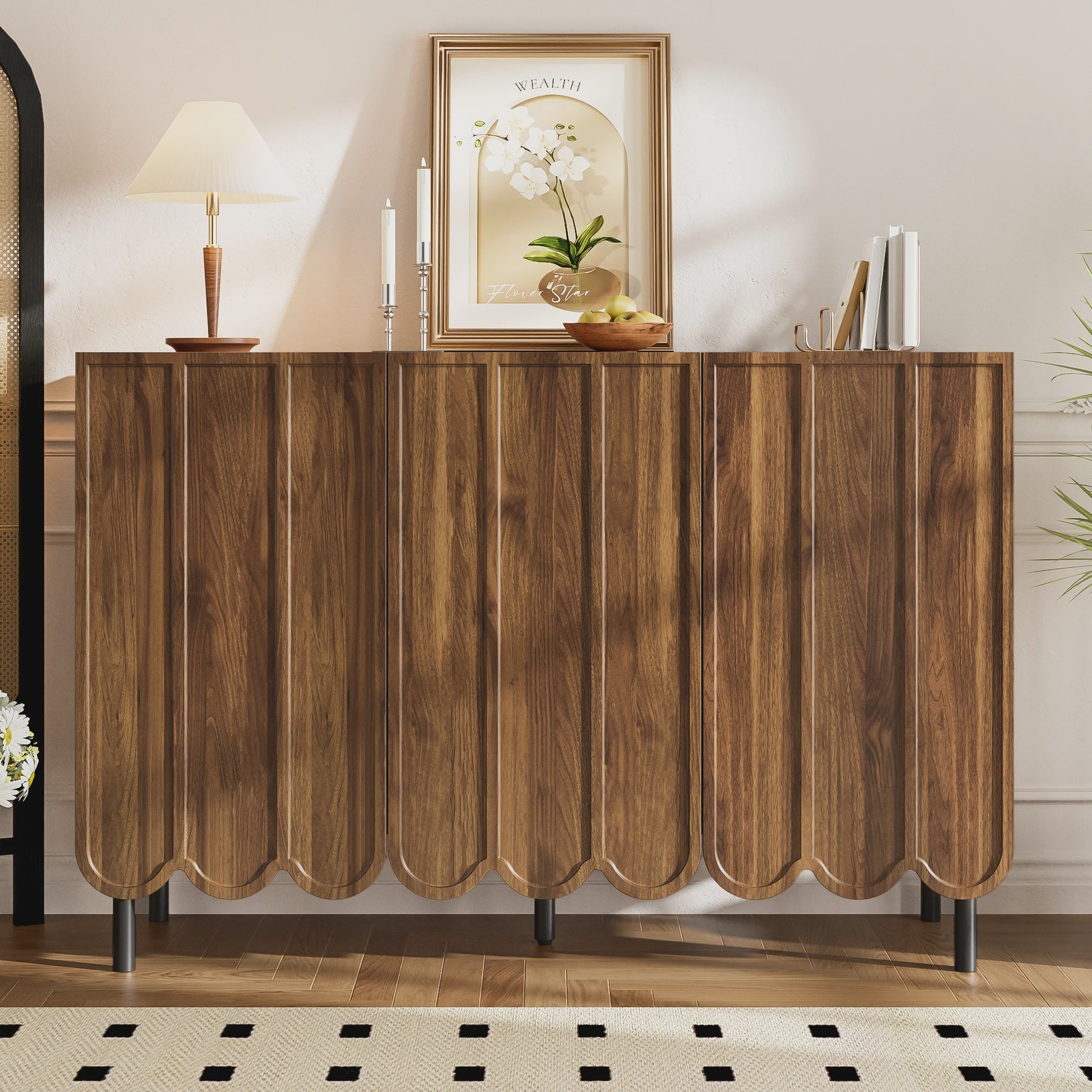 Modern Houten Sideboard met Golfdeuren - 120x35x80 cm - Handgreeploos, Verstelbare Planken