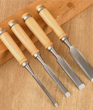 Professionele Houtsnijbeitel Set (4 stuks) - 6/12/18/24mm, Chroom-Vanadium Staal met Beukenhouten Handvatten