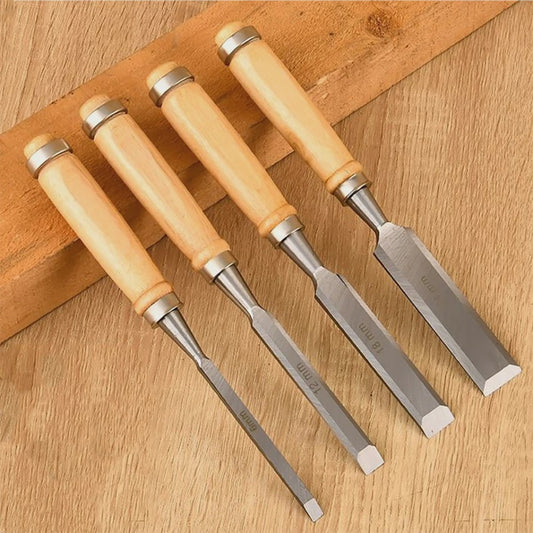 Professionele Houtsnijbeitel Set (4 stuks) - 6/12/18/24mm, Chroom-Vanadium Staal met Beukenhouten Handvatten