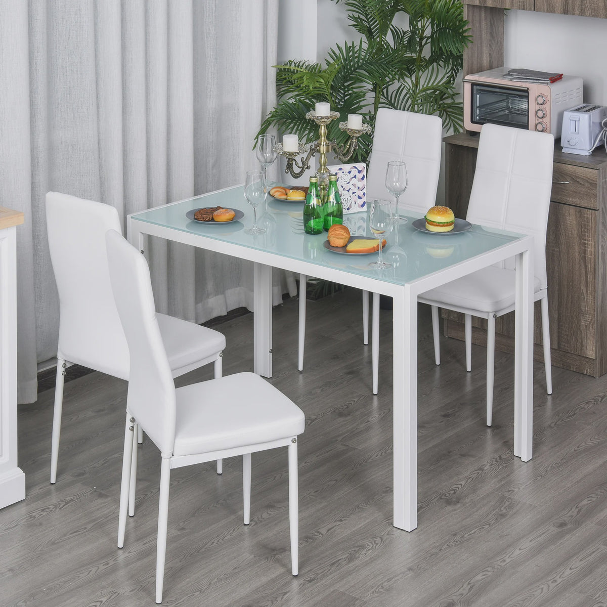 Moderne Witte Eetkamer Set: Rechthoekige Tafel met 4 PU Stoelen