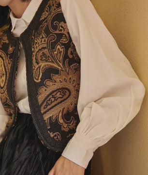 Dames Vintage Paisley Jacquard Vestje met Geborduurde Randen - Stijlvol Lente/Herfst Reisvest