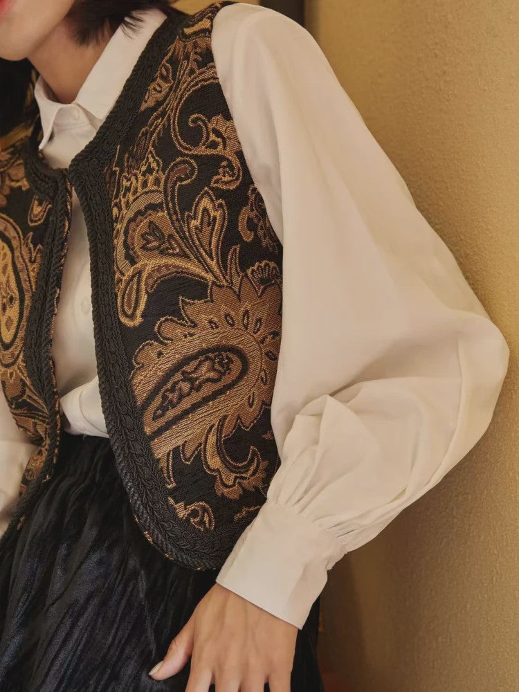 Dames Vintage Paisley Jacquard Vestje met Geborduurde Randen - Stijlvol Lente/Herfst Reisvest