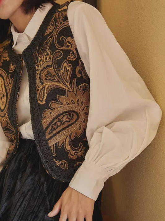 Dames Vintage Paisley Jacquard Vestje met Geborduurde Randen - Stijlvol Lente/Herfst Reisvest