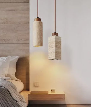 Sfeervolle Hanglamp met Steenlook en Houten Accent - Perfect voor Slaapkamer of Bar