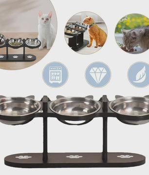Verhoogde Voerbak Set voor Katten en Honden met 3 RVS Bakjes en Verstelbare Hoogte