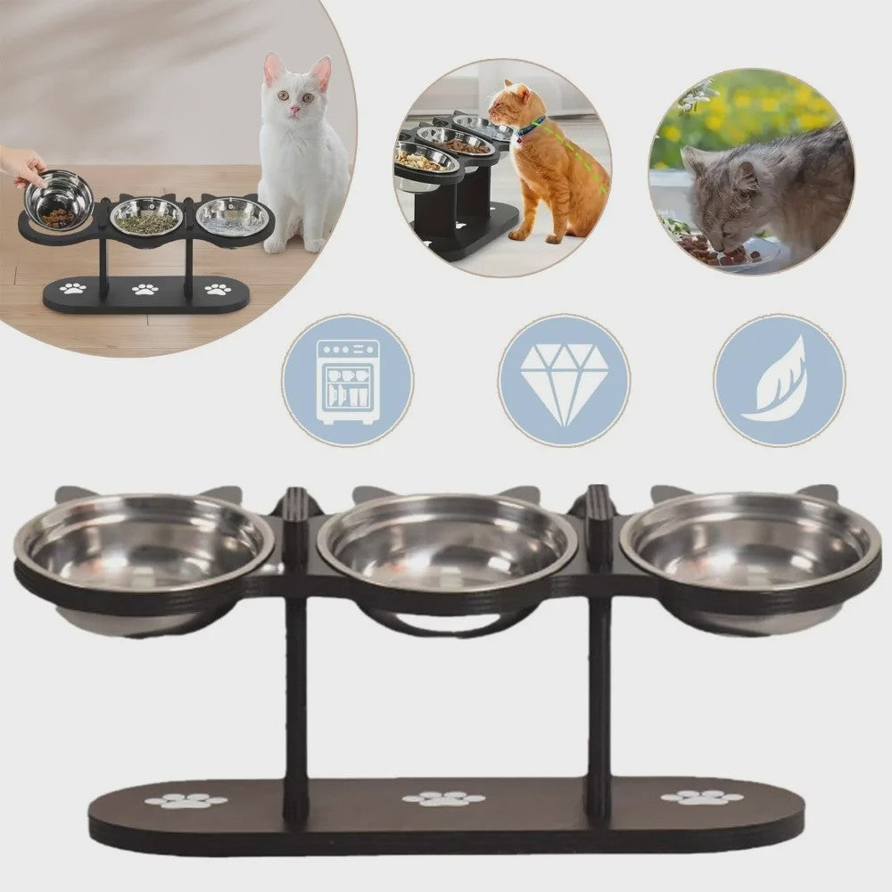 Verhoogde Voerbak Set voor Katten en Honden met 3 RVS Bakjes en Verstelbare Hoogte
