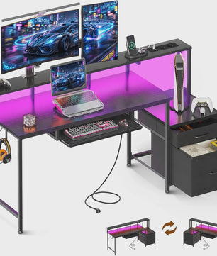 Coleshome Gaming Bureau met Ingebouwde Stopcontacten, Monitorstandaard en 2 Stoffen Lades (140x48cm, Zwart)