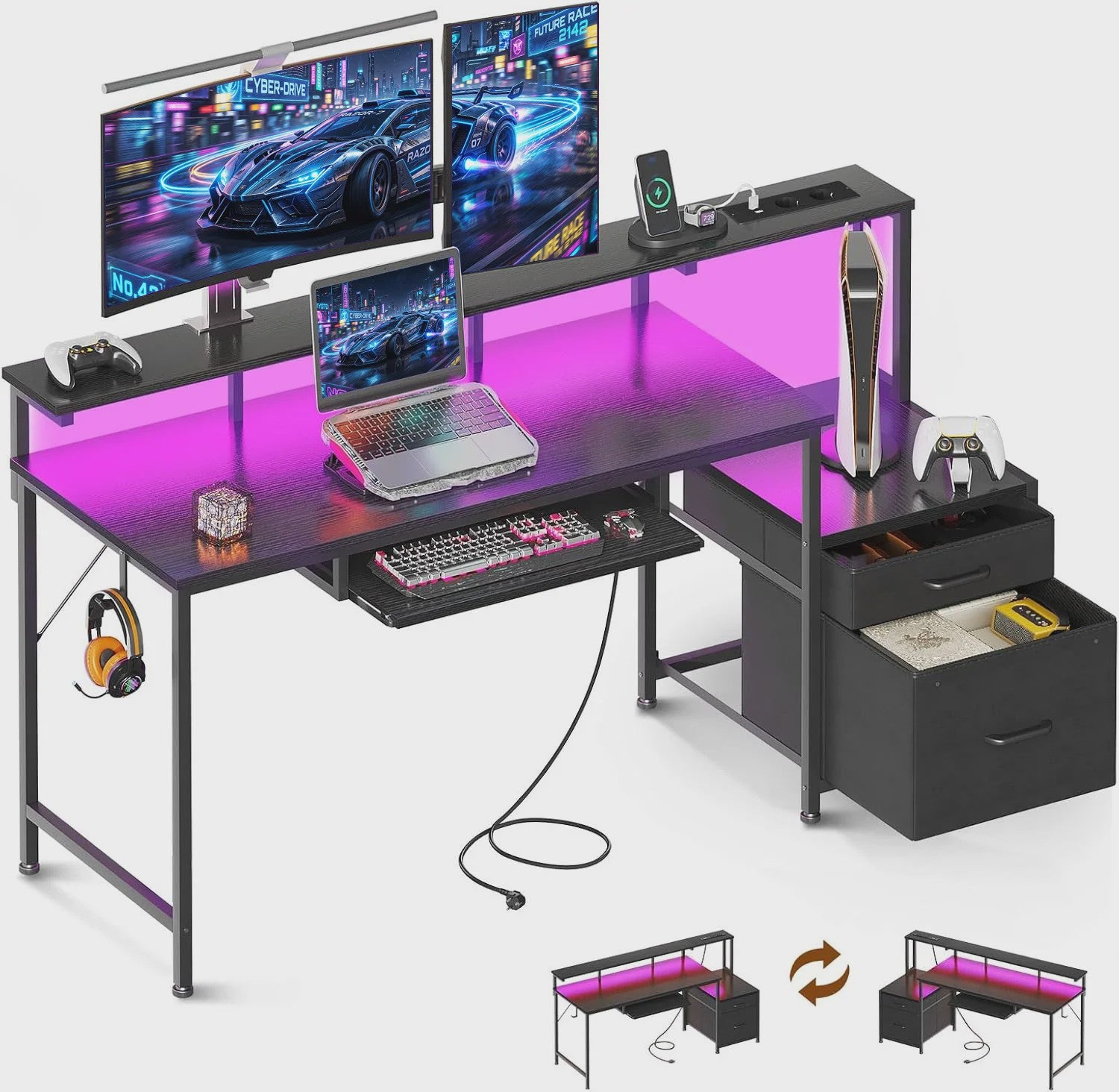 Coleshome Gaming Bureau met Ingebouwde Stopcontacten, Monitorstandaard en 2 Stoffen Lades (140x48cm, Zwart)
