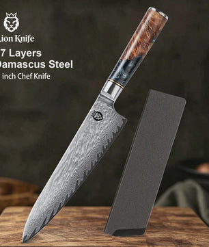8 inch Damast Koksmes - Professioneel Keukenmes met Zwart Resin & Gekleurd Houten Handvat