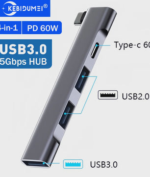 4-Poorts USB-C Hub met PD 60W: USB 3.0, 2.0 & OTG voor MacBook/Tablet