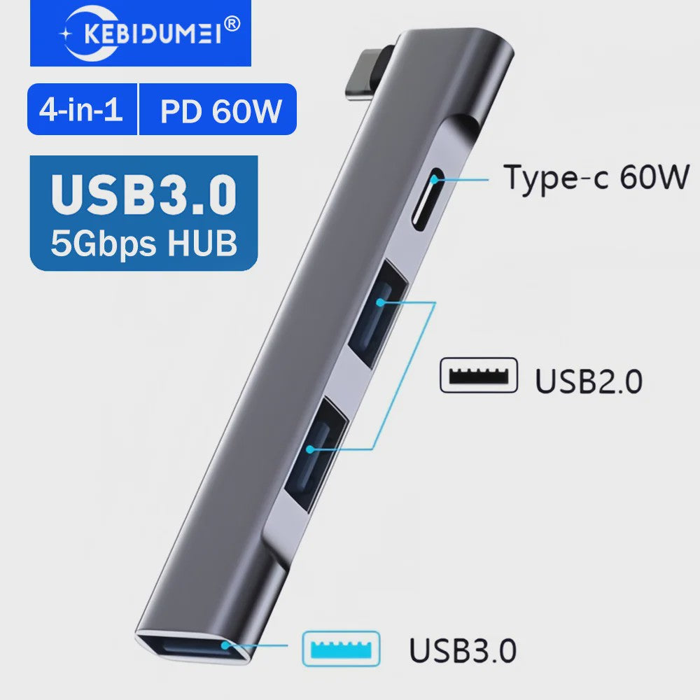 4-Poorts USB-C Hub met PD 60W: USB 3.0, 2.0 & OTG voor MacBook/Tablet