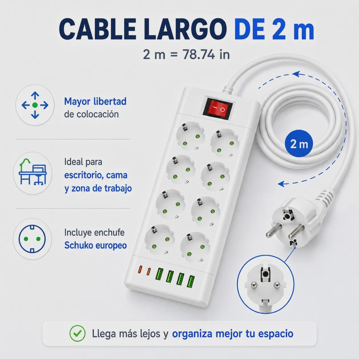 Universele Stekkerdoos met 6/8 Schuko Stopcontacten en 6 USB Poorten (C/A) - 2m Kabel, 2500W