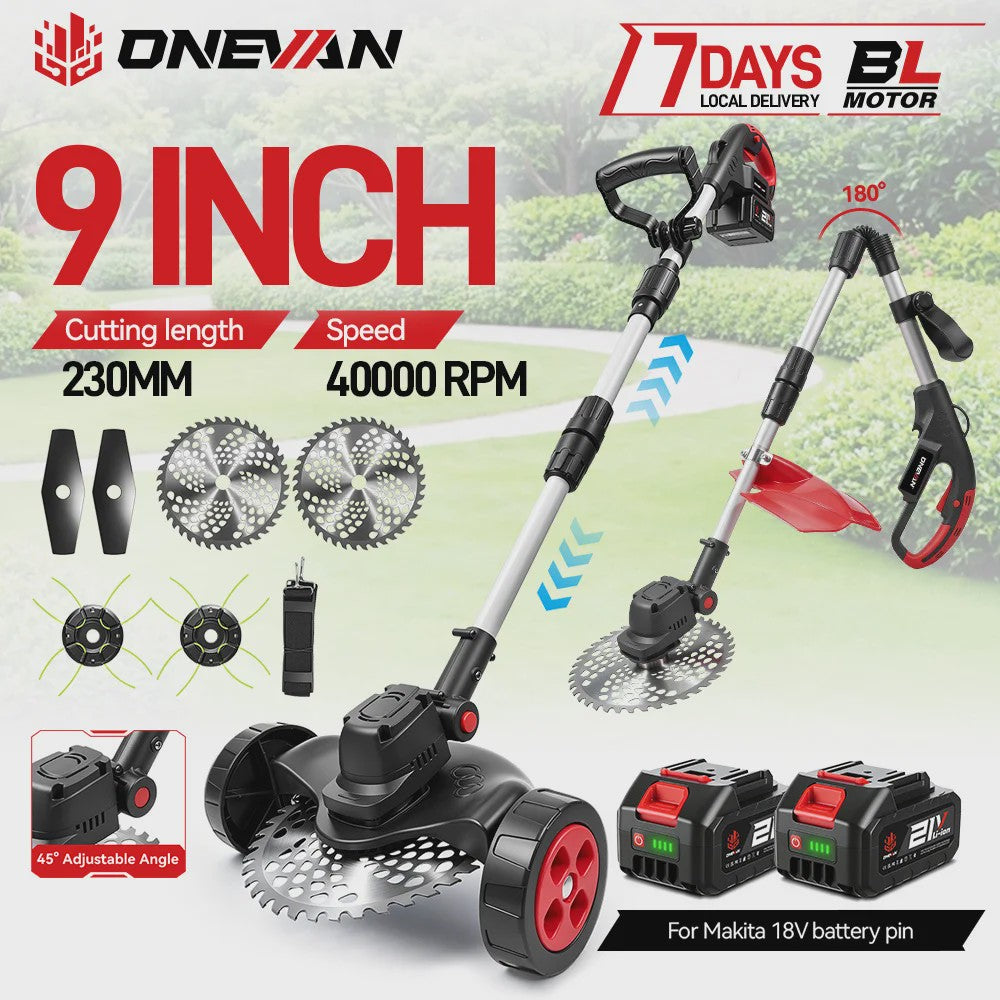 ONEVAN 9-inch Accu Grasmaaier & Grastrimmer - Borstelloos, 40000RPM, Opvouwbaar, Makita 18V Compatibel