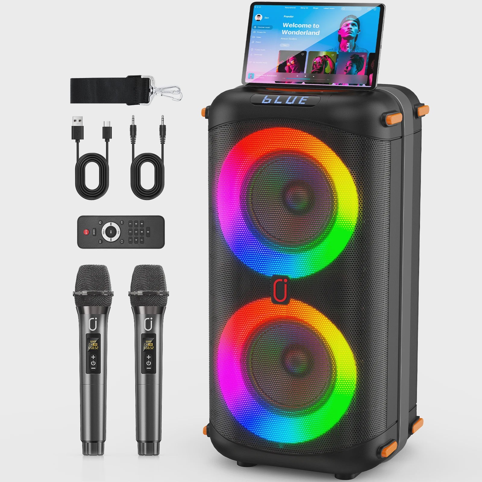 T27-T Karaoke Speaker met 2 Draadloze Microfoons, Krachtig Geluid, 360° DJ Lichtshow & Bluetooth