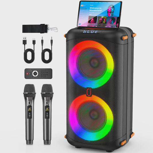 T27-T Karaoke Speaker met 2 Draadloze Microfoons, Krachtig Geluid, 360° DJ Lichtshow & Bluetooth