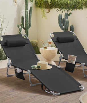 Set van 2 Loungestoelen - Opvouwbaar, Comfortabel met Kussen en Zijvak - Tuin & Terras