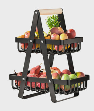 2-Laags Fruitmand met Houten Handvat - Afneembare Manden voor Fruit, Groenten & Snacks