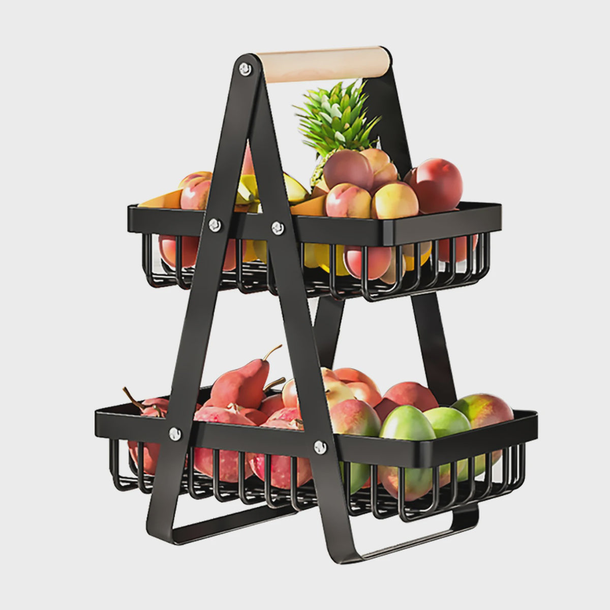 2-Laags Fruitmand met Houten Handvat - Afneembare Manden voor Fruit, Groenten & Snacks