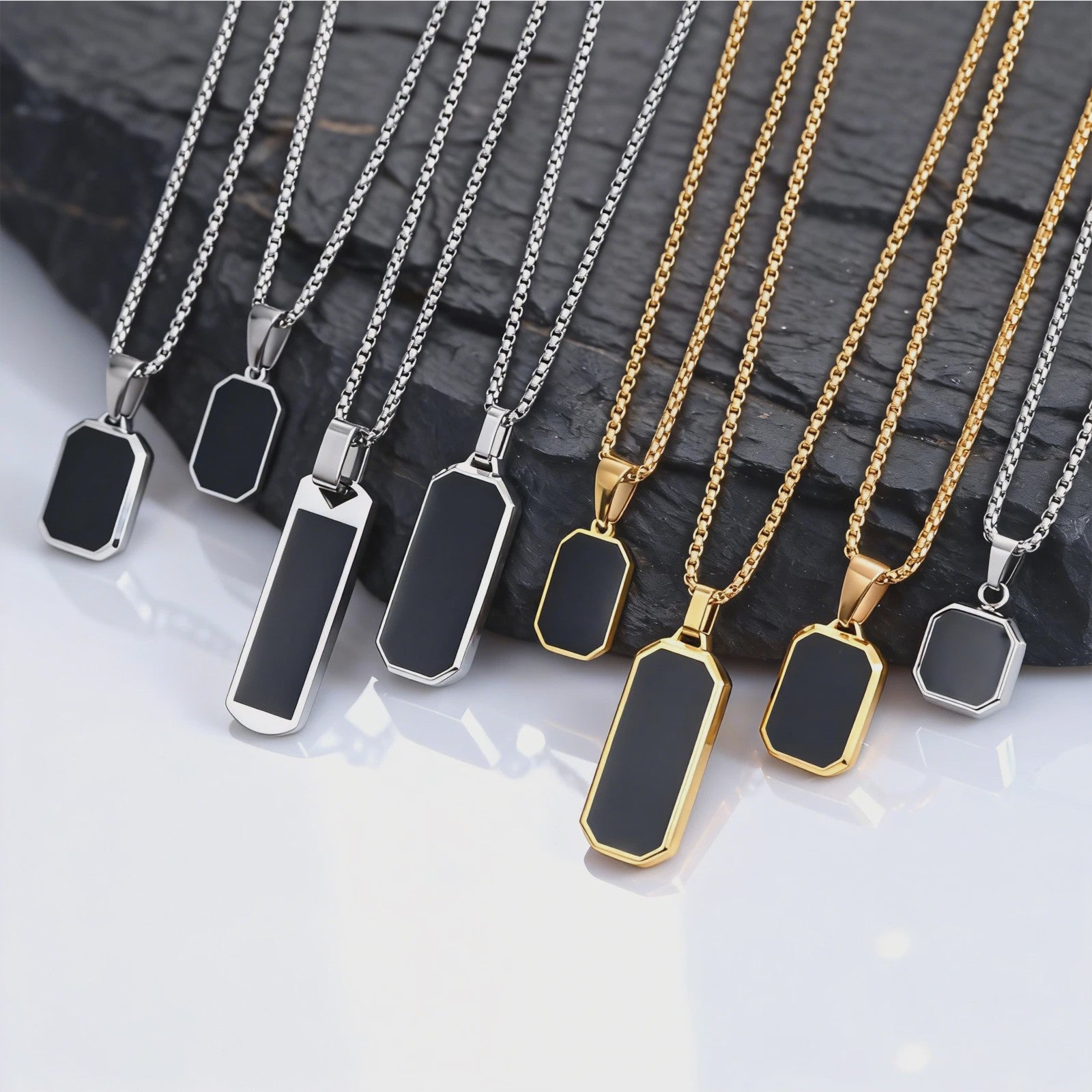 Stijlvolle RVS Hanger met Zwart Emaille - Geometric Dog Tag Ketting voor Mannen