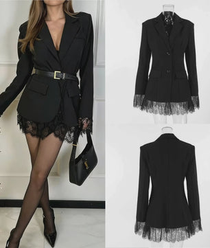 Elegante Zwarte Dames Blazer met Kantafwerking - Getailleerd V-hals Kantoorjasje