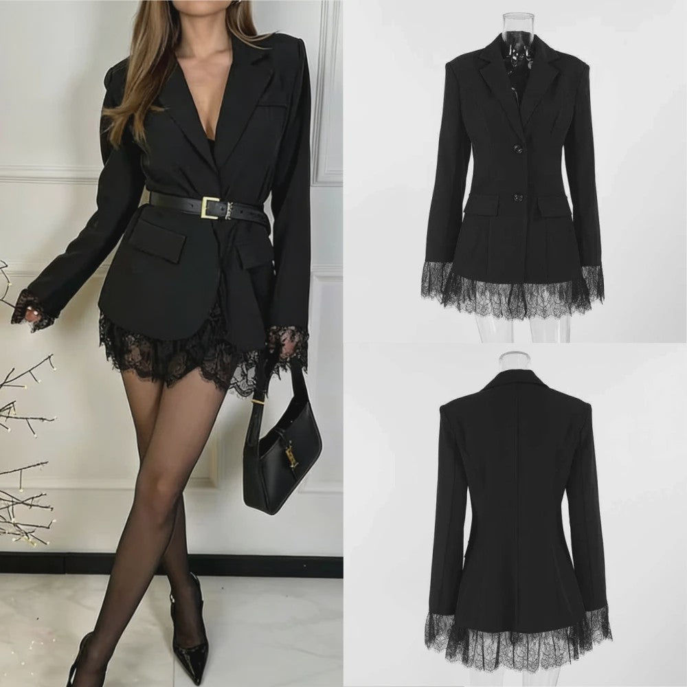 Elegante Zwarte Dames Blazer met Kantafwerking - Getailleerd V-hals Kantoorjasje