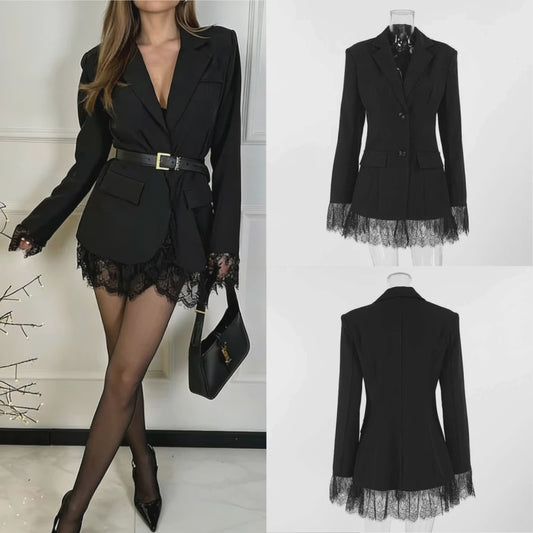 Elegante Zwarte Dames Blazer met Kantafwerking - Getailleerd V-hals Kantoorjasje