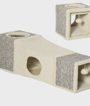 PawHut Katten Tunnel Speelgoed met Hangende Bal en Sisal - 98x30x30 cm Crème