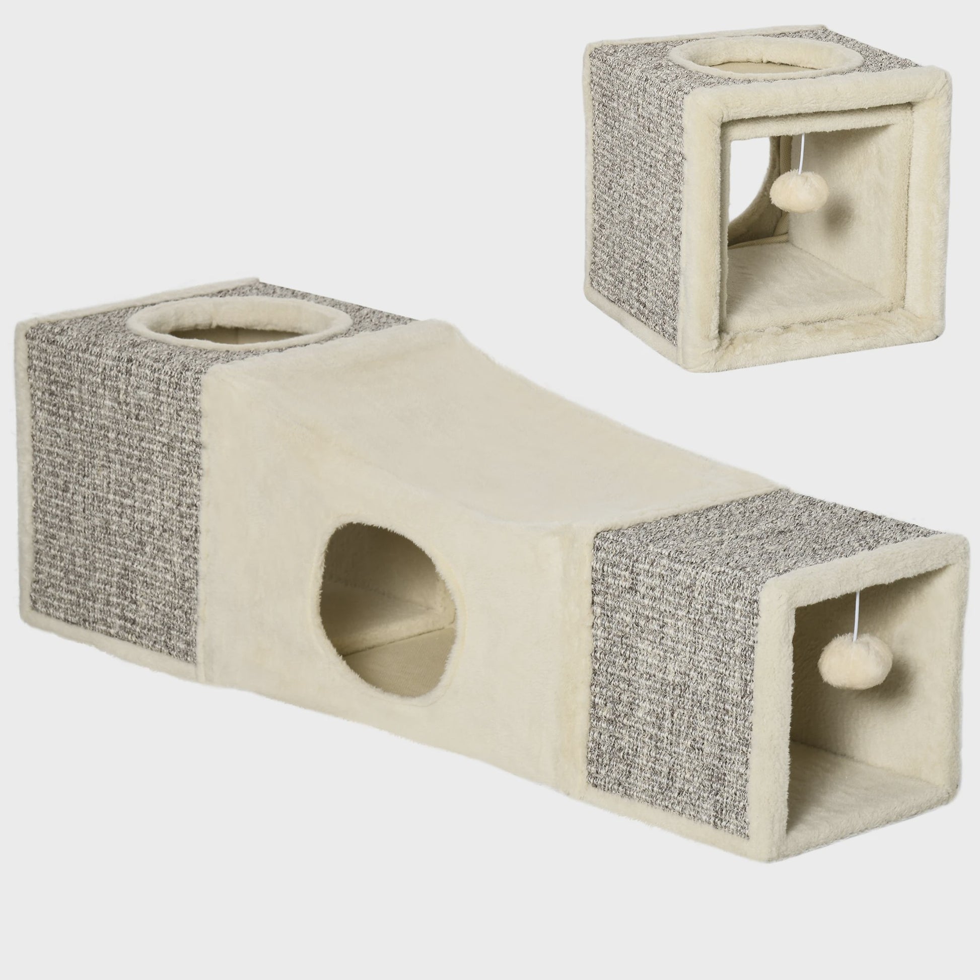 PawHut Katten Tunnel Speelgoed met Hangende Bal en Sisal - 98x30x30 cm Crème