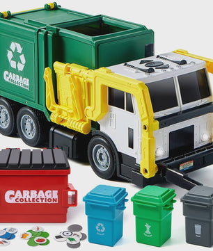 Grote Vuilniswagen Speelgoed met Frictie, Geluid & Lichtjes - Inclusief Vuilnisbakken