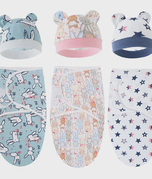 Baby Swaddle & Muts Set - Katoen, Verstelbaar, Cartoon Print, 0-6 Maanden