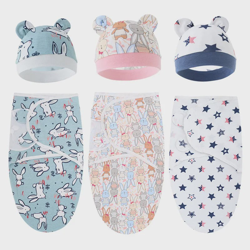 Baby Swaddle & Muts Set - Katoen, Verstelbaar, Cartoon Print, 0-6 Maanden