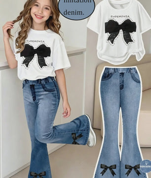 Zomer Outfit Meisjes: Trendy Set met Strikjes - T-shirt & Flared Jeans voor Kinderen (4-12 jaar)