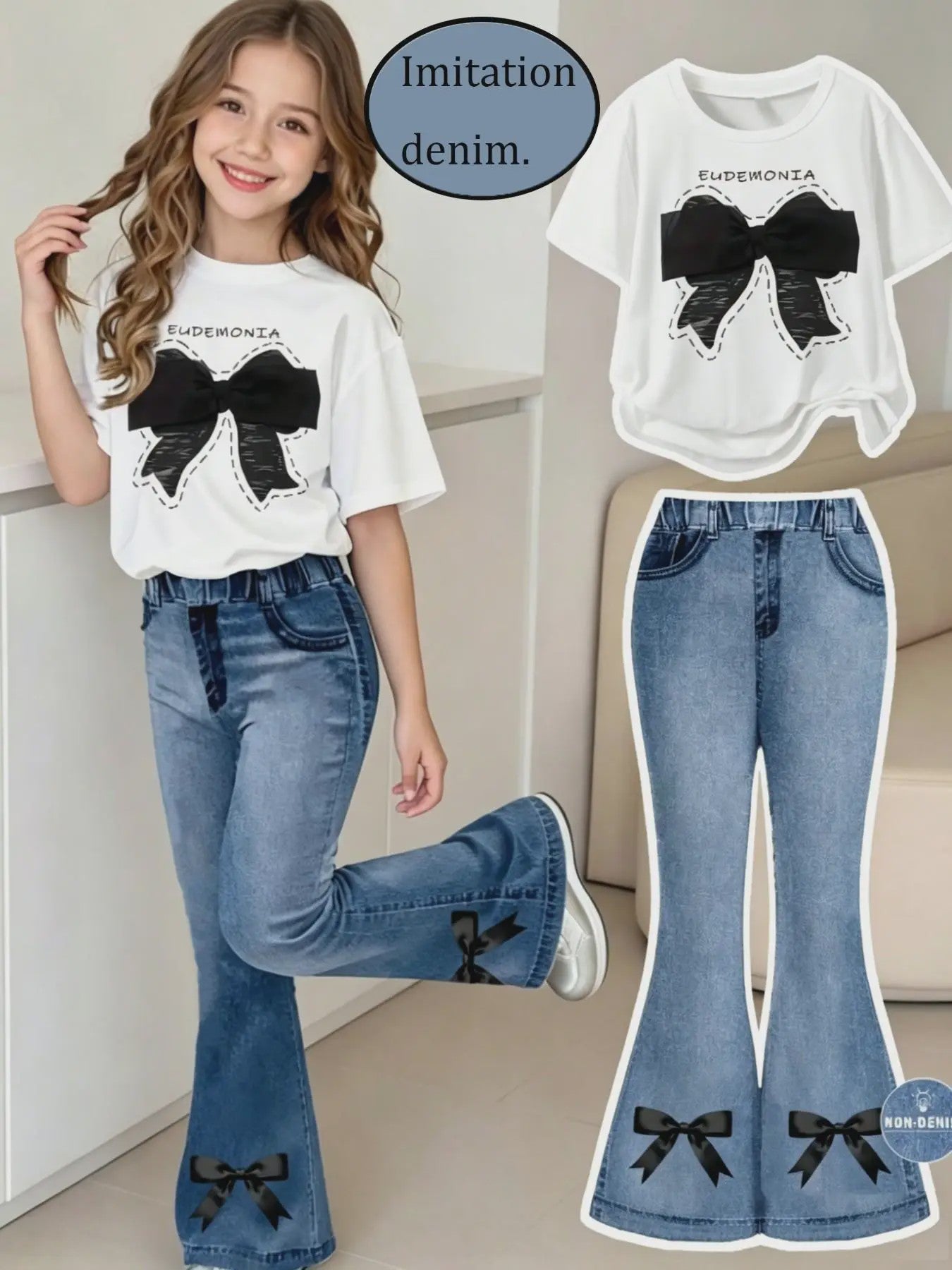 Zomer Outfit Meisjes: Trendy Set met Strikjes - T-shirt & Flared Jeans voor Kinderen (4-12 jaar)