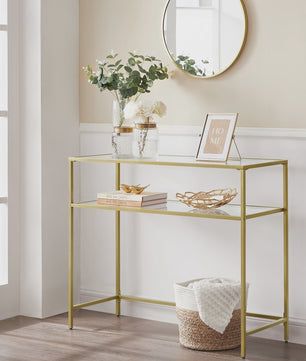 VASAGLE Console Tafel met 2 Glazen Legborden - Goudkleurig Metaal - 100x35x80 cm