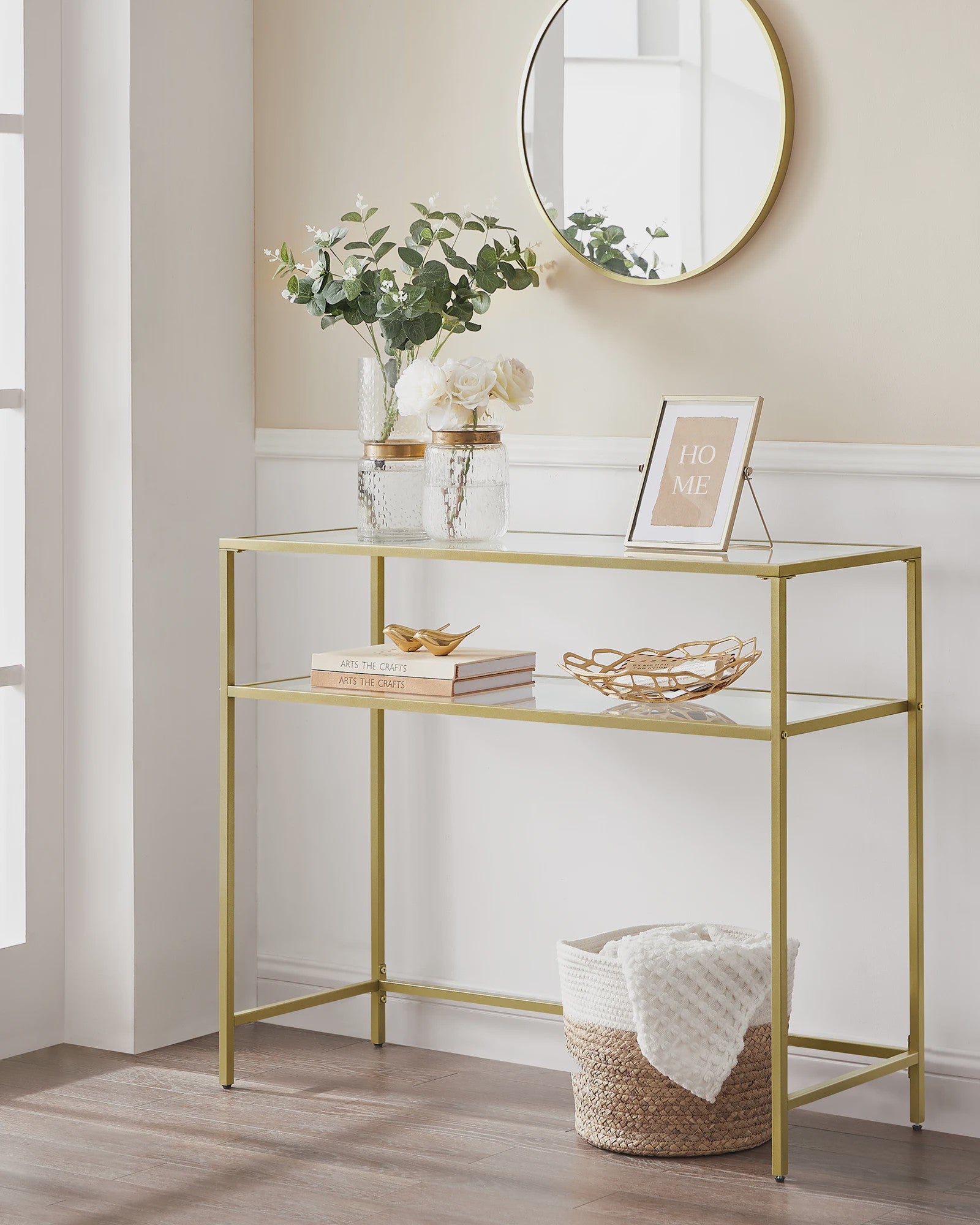 VASAGLE Console Tafel met 2 Glazen Legborden - Goudkleurig Metaal - 100x35x80 cm