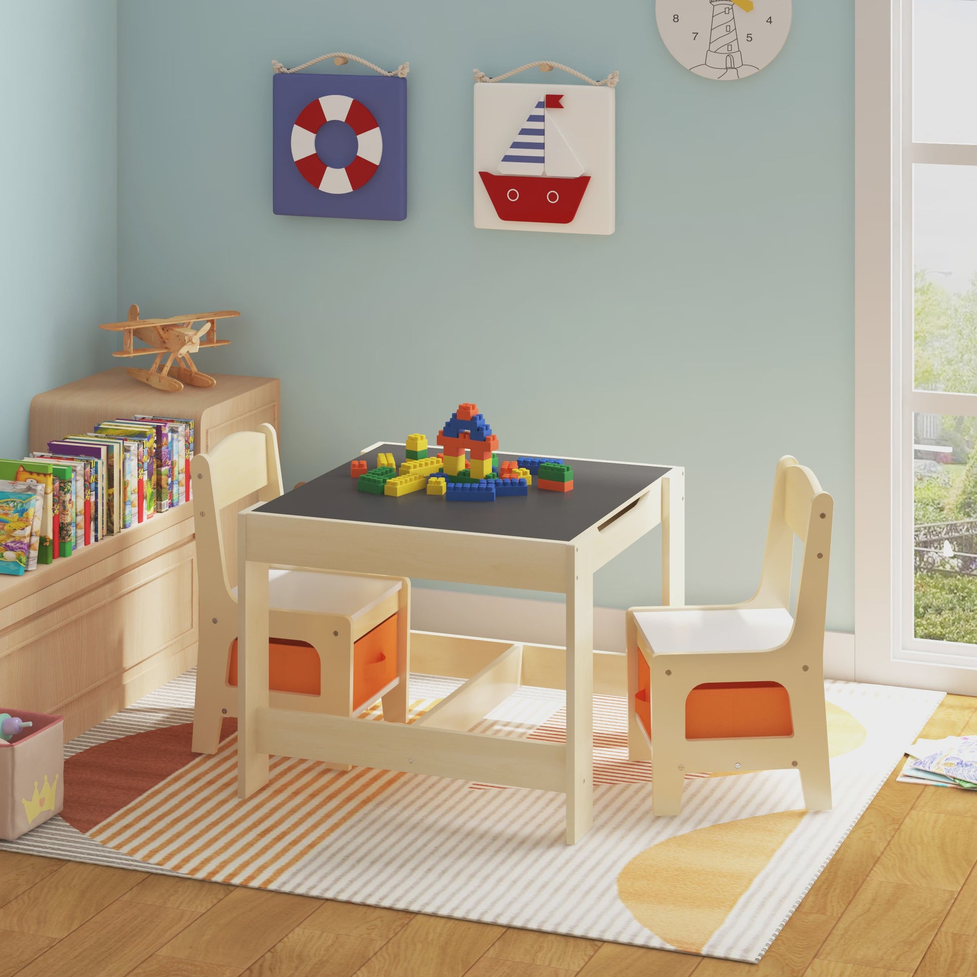 Houten Kinder Speeltafel met 2 Stoeltjes en Opbergruimte