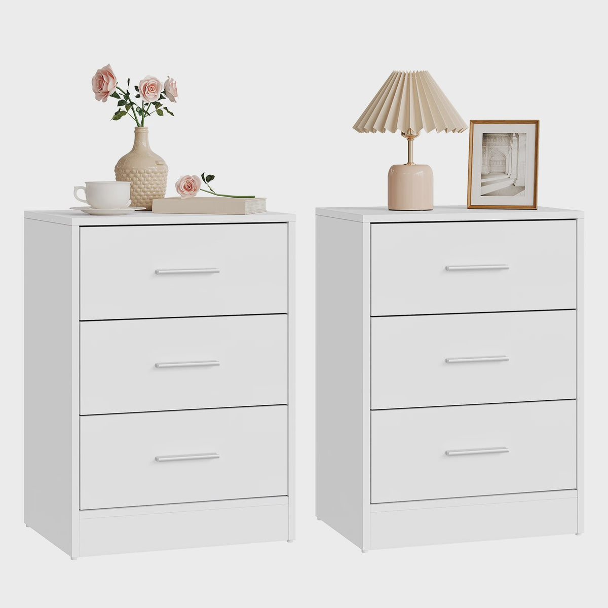 Set van 2 Moderne Nachtkastjes met 3 Lades - Stijlvolle Bijzettafels voor Slaapkamer en Woonkamer