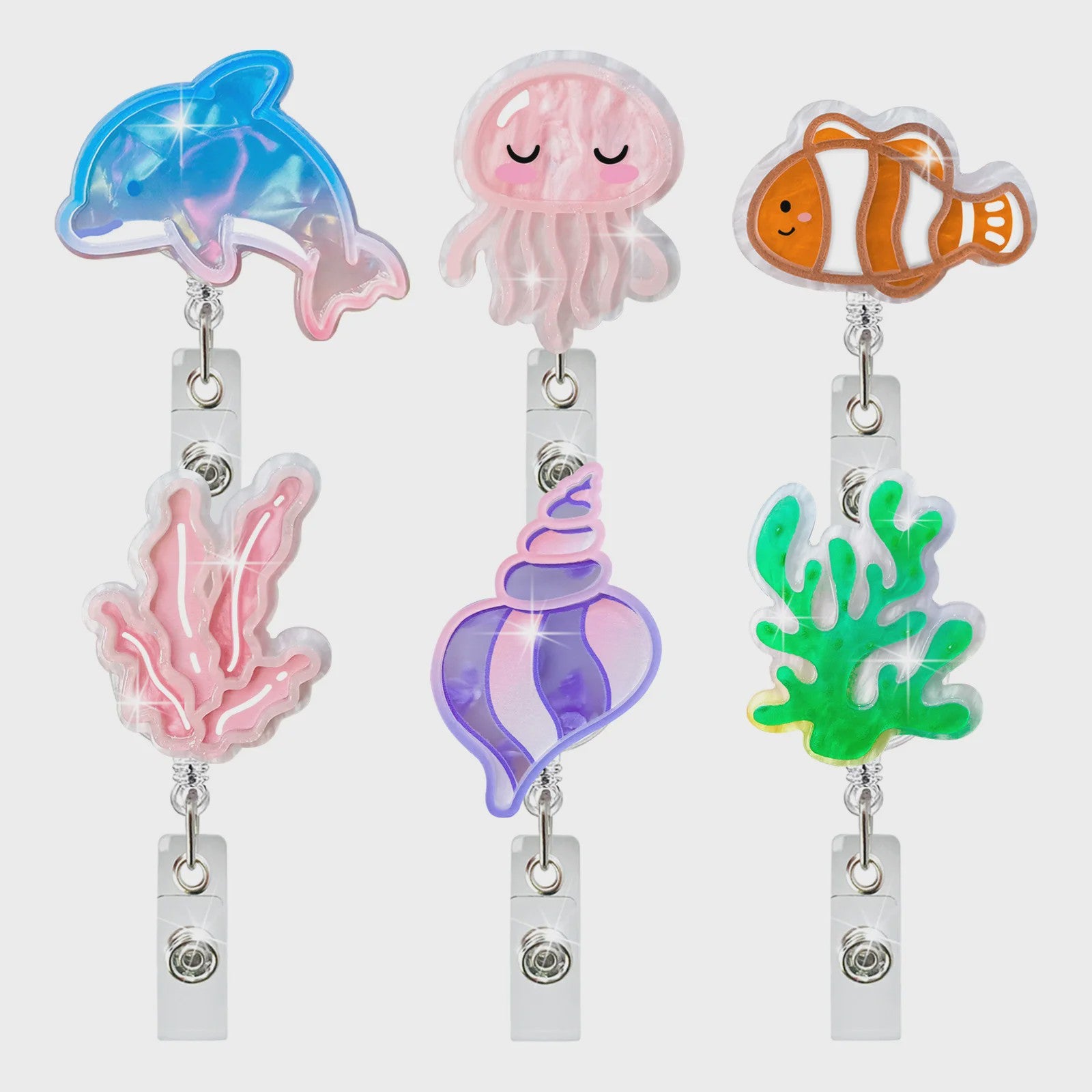 Retractable Badge Reel Clip met Dieren & Koraal - ID Kaarthouder voor Studenten, Dokters, Verpleegkundigen