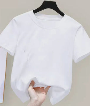 100% Katoenen T-shirt Dames & Kinderen - Zomer, Kortmouw, Wit Effen, Schattig Stijl