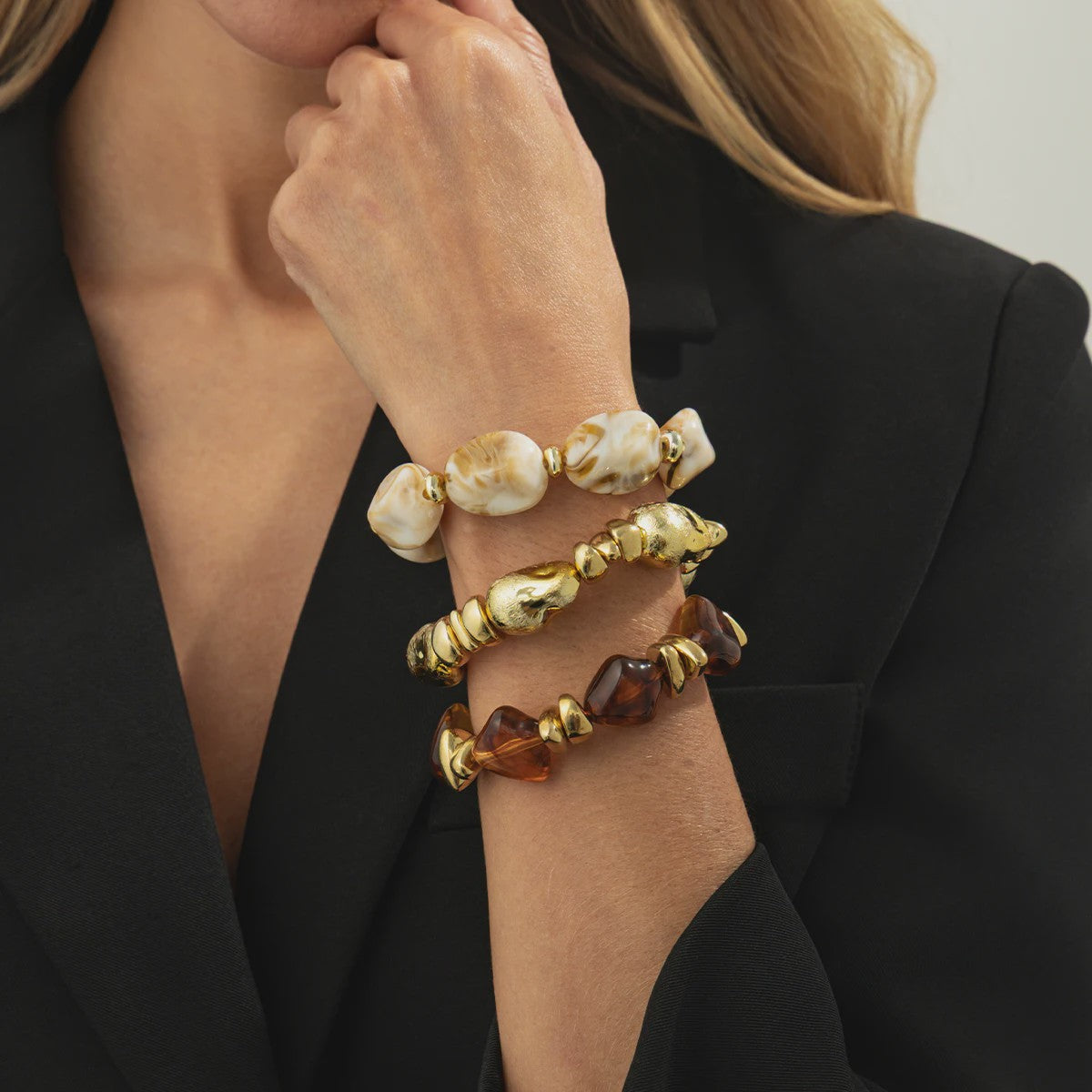 Set van 3 Bohemian Kralenarmbanden - Vintage Stijl Acryl & Goudkleurig