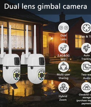 2x WiFi Dual Lens Beveiligingscamera - Waterdicht, Binnen/Buiten, Bewegingsdetectie, Cloud Opslag
