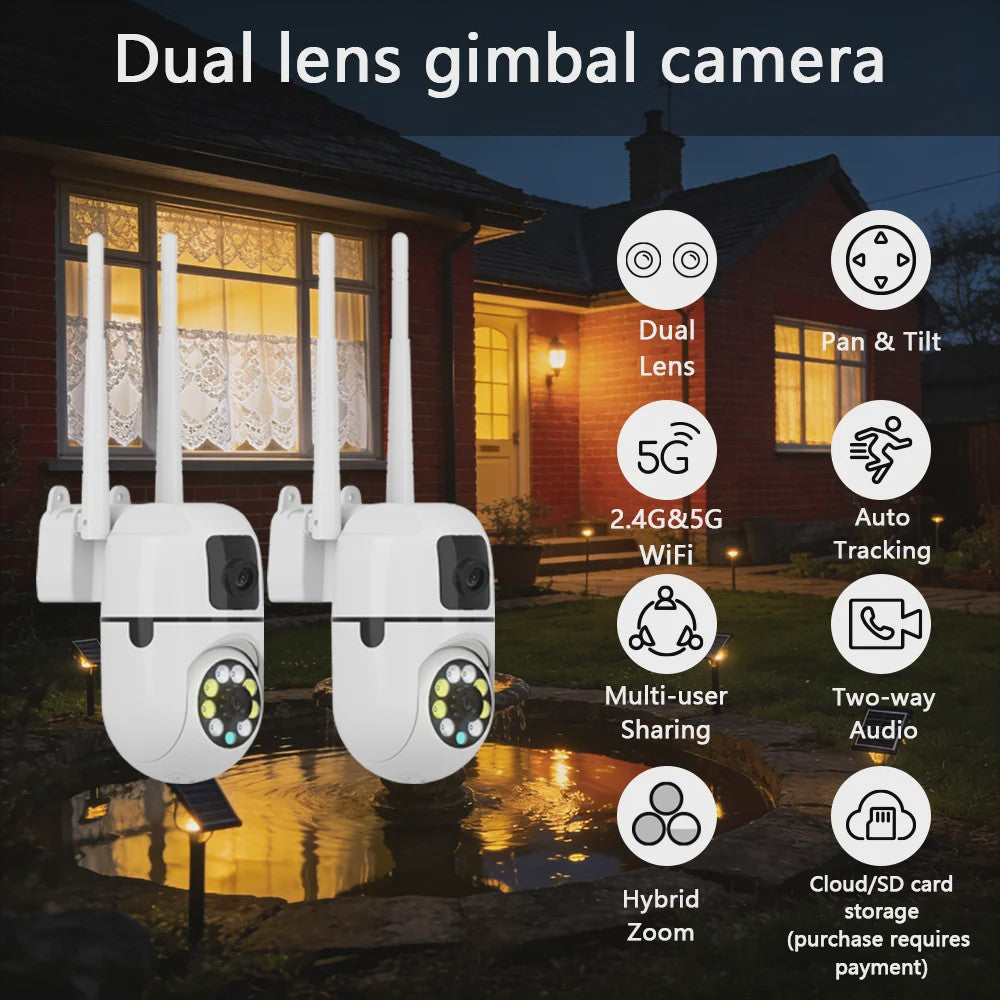 2x WiFi Dual Lens Beveiligingscamera - Waterdicht, Binnen/Buiten, Bewegingsdetectie, Cloud Opslag
