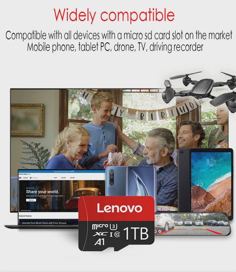 Lenovo Micro SDXC Kaart 1TB - Hoge Snelheid Klasse 10 UHS-I U1 A1 voor 4K Video, Telefoons, Camera's & Drones