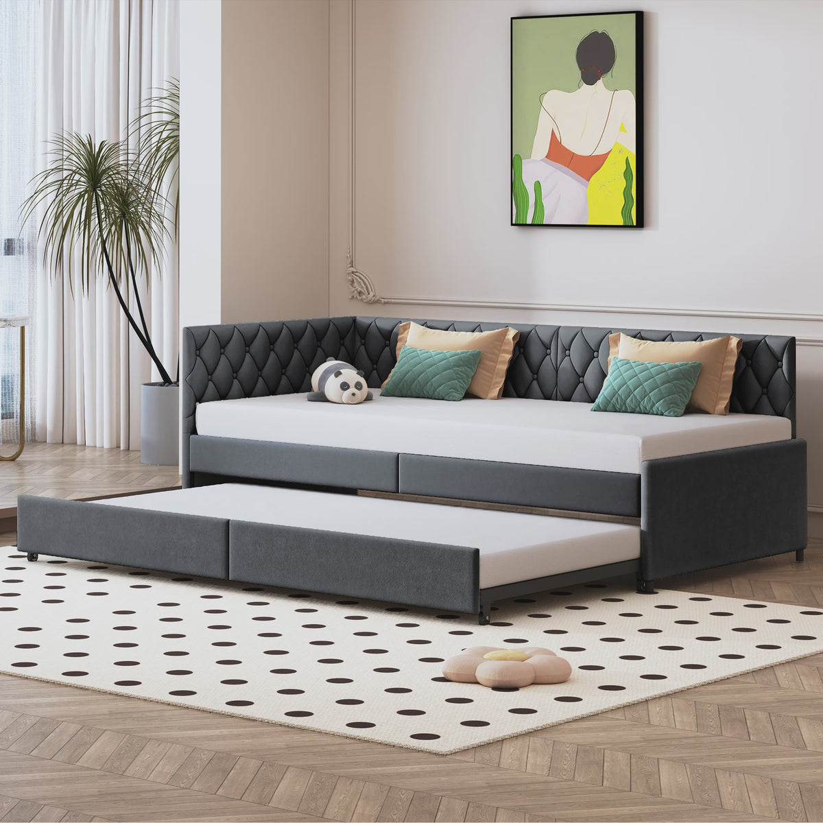 Gestoffeerd Daybed 90x200 cm met Uitschuifbaar Extra Bed - Sofa en Enkel Bed
