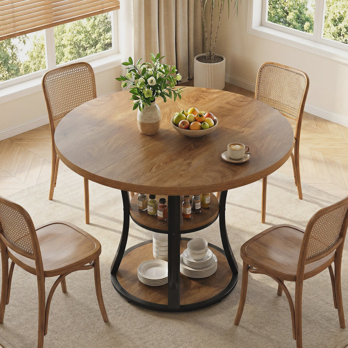 Ronde Eettafel 4 Personen met 2-Laags Opslag - Landelijke Stijl, Ruimtebesparend