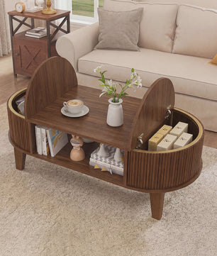 Elegante Retro Koffietafel met Dubbele Verborgen Opbergruimte en Flip-Top, Bruin