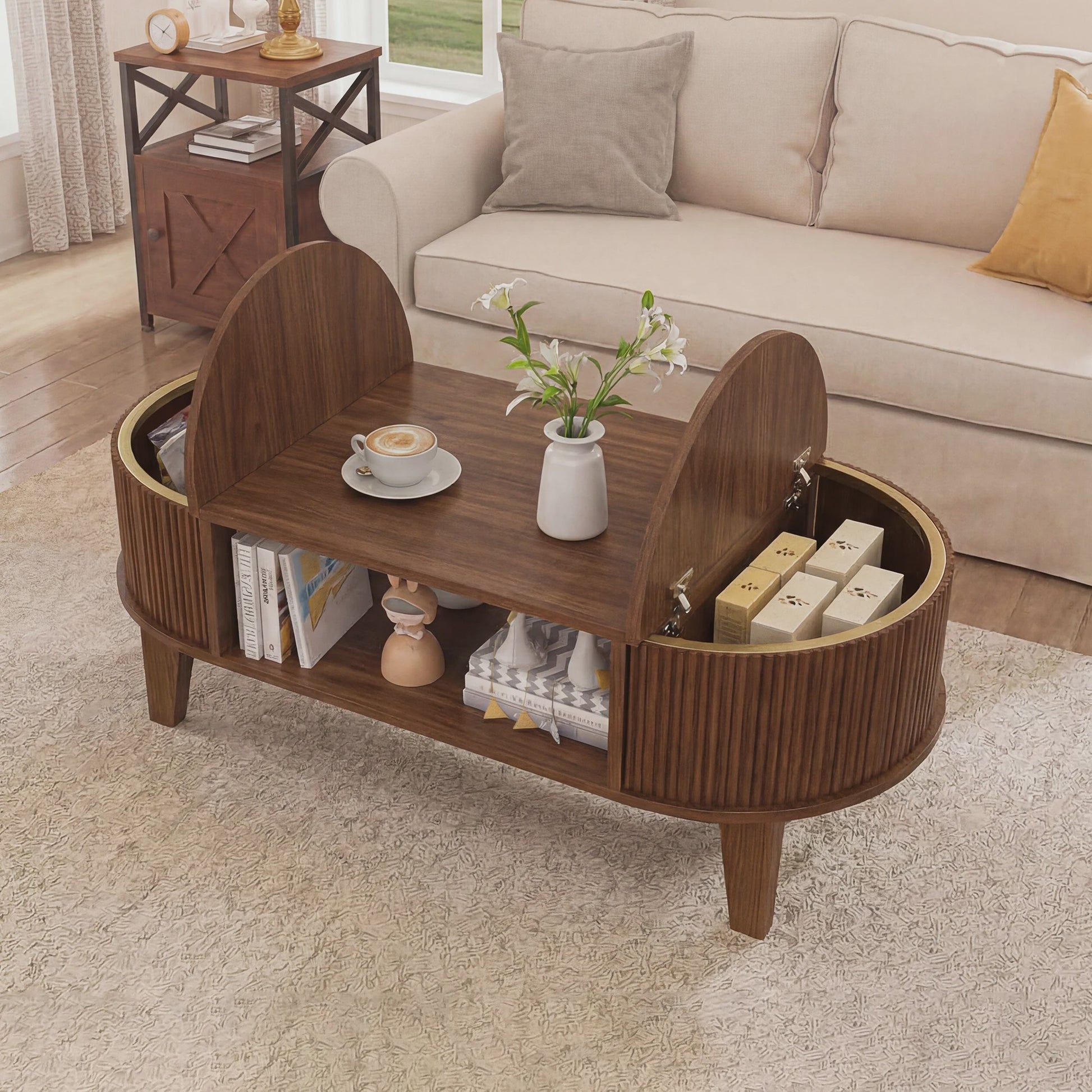 Elegante Retro Koffietafel met Dubbele Verborgen Opbergruimte en Flip-Top, Bruin