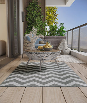 Waterdicht Buitentapijt 121x182cm - Lichtgrijs/Wit Zigzag - Ideaal voor Balkon & Tuin