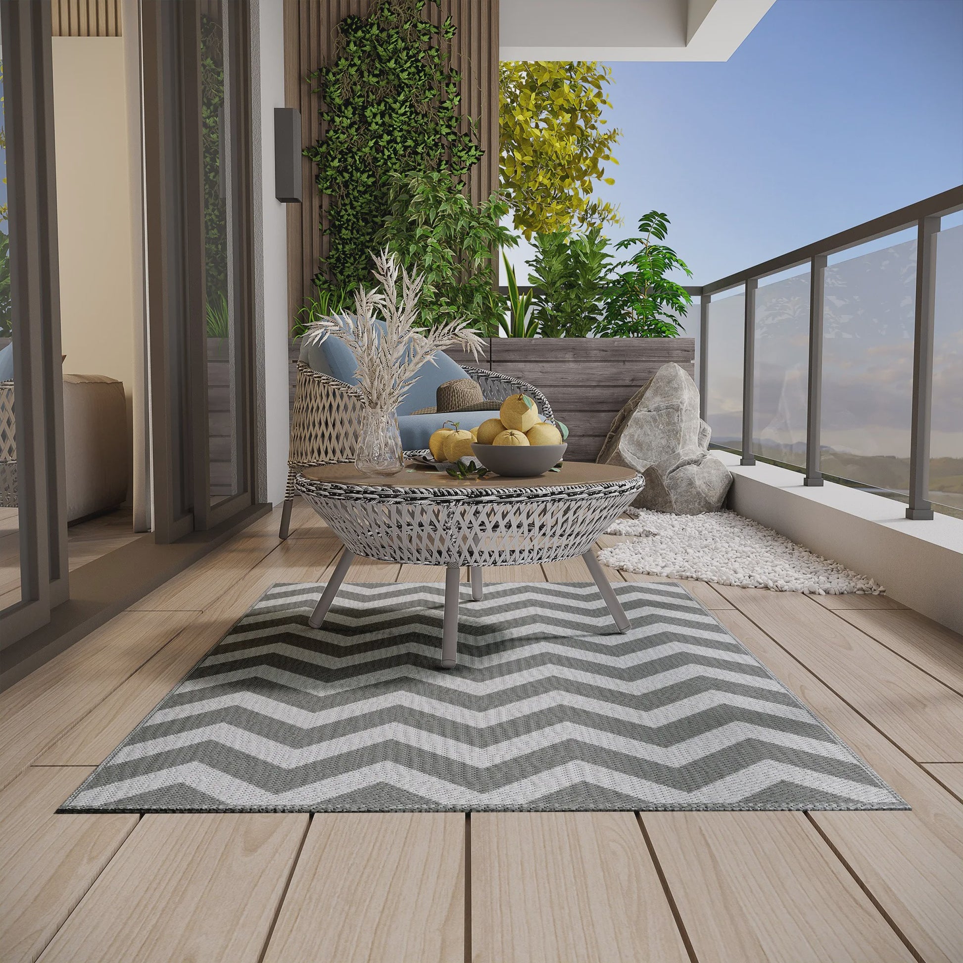 Waterdicht Buitentapijt 121x182cm - Lichtgrijs/Wit Zigzag - Ideaal voor Balkon & Tuin